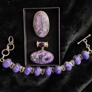 Charoite Natural Gemstone Pendant, Bracelet & Ring Size 7 All Set in Silver